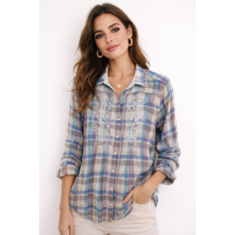 Johnny Was Blue Plaid Button-Down Shirt with White Embroidery